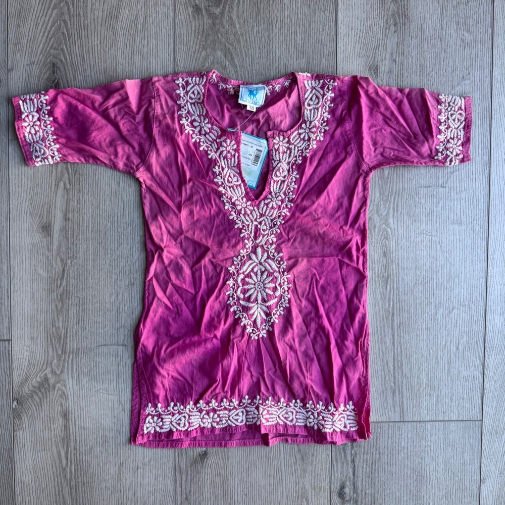 Kahma Living Girls Pink Embroidered Cotton Kaftan Tunic Size 18 2-3Y NWT